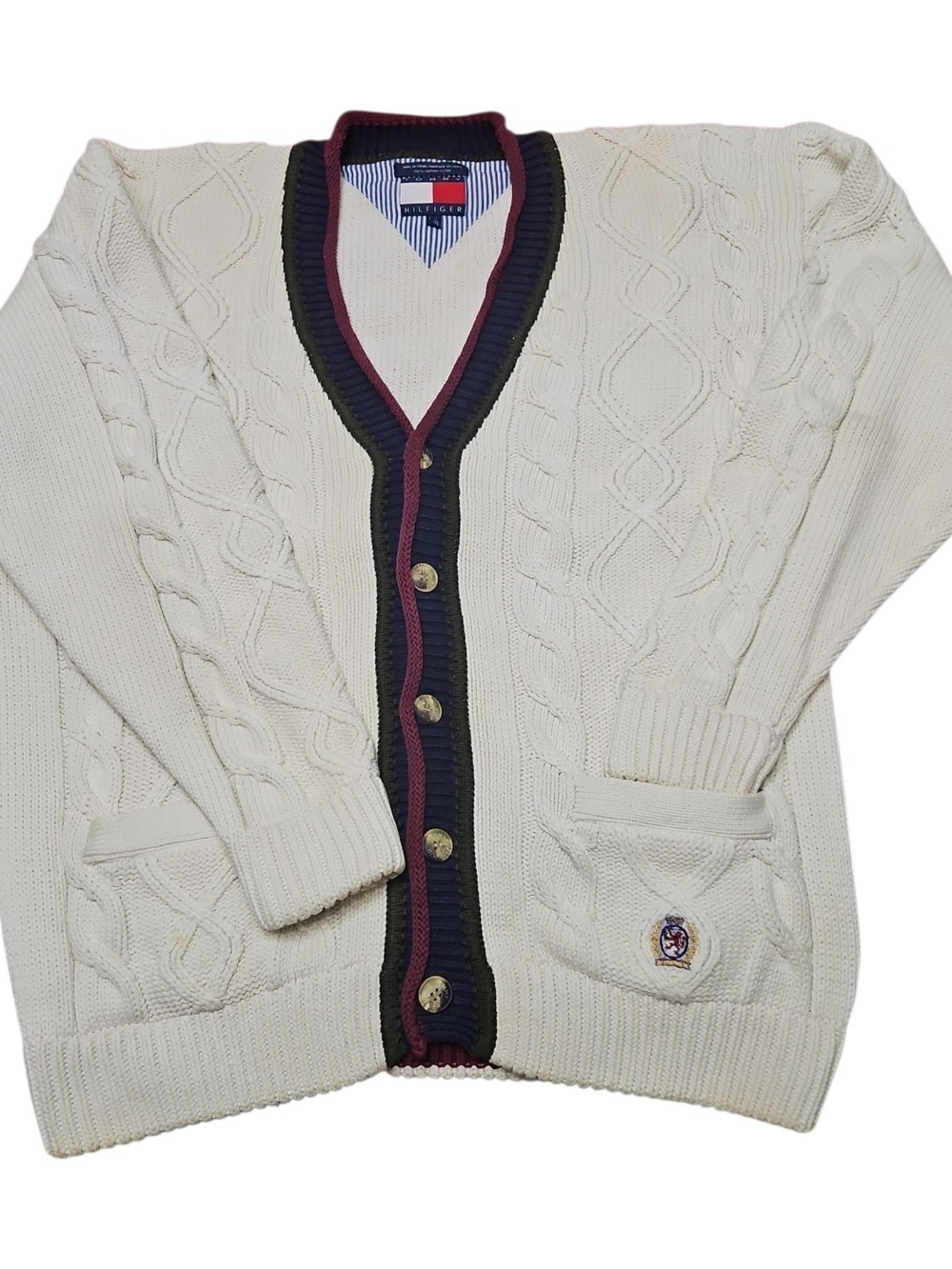 Tommy Hilfiger Off Wht Cotton Cable Knit Cardigan w/ Navy, Green & Burgundy Trim
